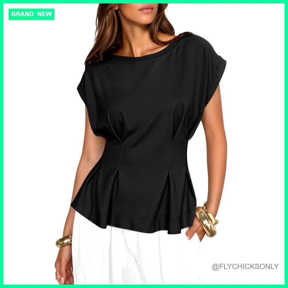 Peplum Babydoll Top Cap Sleeve Crew Neck Pleated Blouse Summer Casual